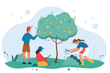 Work of gardeners to care for garden or park. Team of eco volunteers people grow plants, trees and shrubbery, working with gardening tools flat vector illustration. Agriculture, nature concept