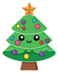 Cute Kawaii Christmas Tree with Ornaments and Star