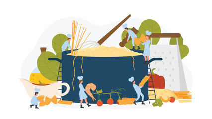 Pasta recipes. Team of tiny chefs standing near huge pan with cooked spaghetti, persons holding shrimp and vegetables to cook traditional Italian dish on dinner in restaurant flat vector illustration