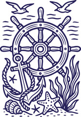 Obraz premium Nautical helm and anchor in vintage line art with sea elements