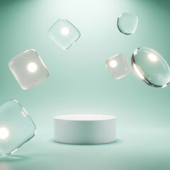 Abstract Transparent Shapes Around White Podium on Soft Green Backdrop. 3D Render Scene
