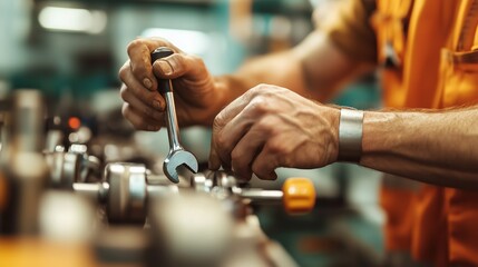 Skilled technician using tools to repair machinery in a workshop environment during daytime