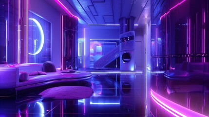 Futuristic, high-tech luxury room Cyber living space, neon lights, reflective surfaces