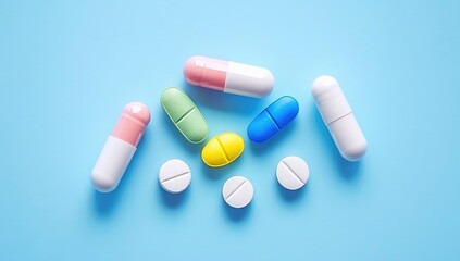 Assorted pills and capsules in pastel colors on a light blue background