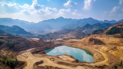 a large open pit with a lake in it
