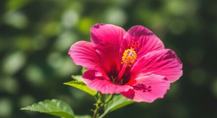 Fototapeta premium Vibrant pink hibiscus flower blooming in a sunlit garden