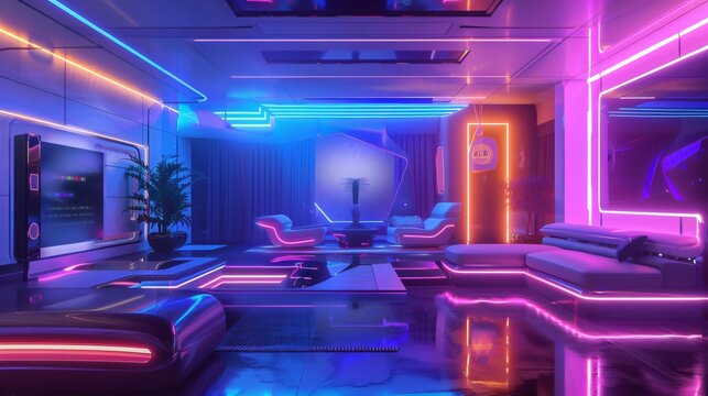 Futuristic, high-tech luxury room Cyber living space, neon lights, reflective surfaces