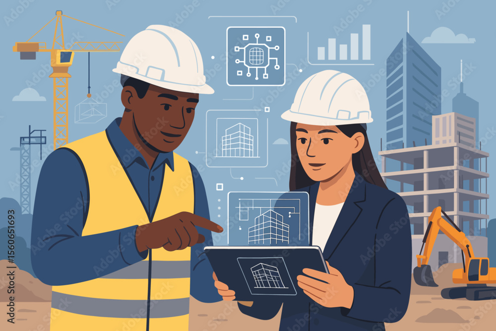 Poster architect and engineer using a tablet with futuristic digital blueprints on a construction site. div
