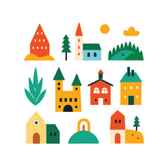 Obraz premium Sixteen Hand Drawn Village Illustrations Houses Buildings and Scenery