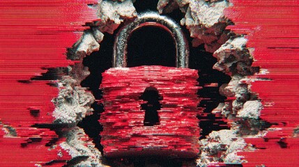 A red padlock is embedded in a broken wall with glitch effects, symbolizing cybersecurity or digital protection breach.