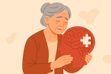 Elderly woman holding brain symbol with missing puzzle piece representing Alzheimer's disease, dementia, and memory loss concept; World Alzheimer's and mental health day awareness.