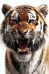 Obraz premium Tiger with an open mouth showing large canine teeth and fur is orange and black. White background.