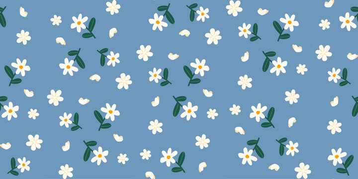White daisy flower seamless pattern on blue background