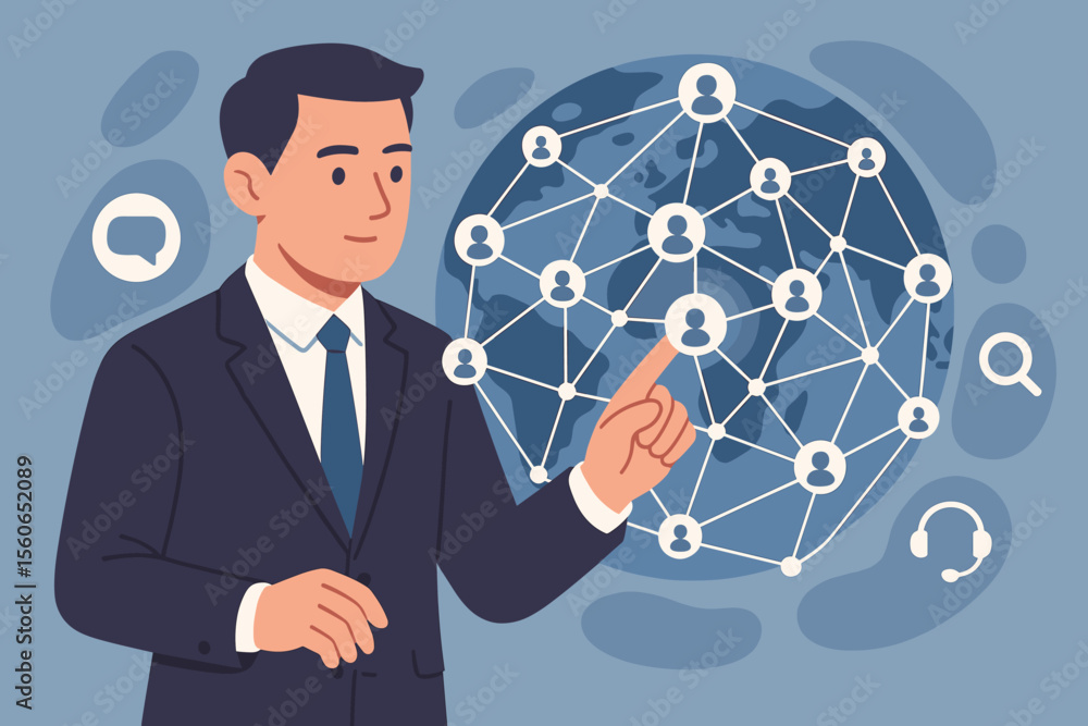Aufkleber businessman touching global customer data network. social media communication and crm concept. custo