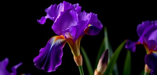 Intricate violet iris blooms, rich color against black backdrop,  flora,  close-up
