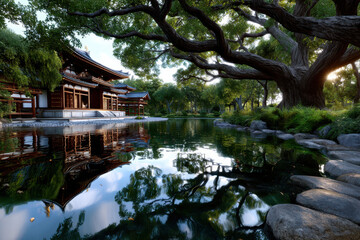 Serene gardens with tranquil waters reflect traditional architecture at sunset