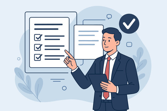 Businessman checks electronic document on a virtual interface. Digital checklist with approved tasks. Online business evaluation, project management, productivity, and verification concept.
