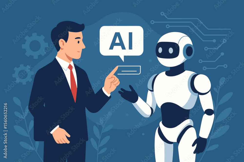 Poster artificial intelligence chatbot concept. businessman talking to a smart ai robot for business soluti