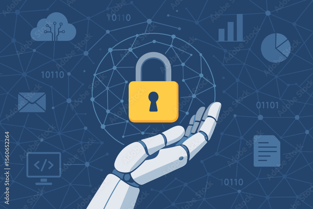 Poster cybersecurity data protection concept with ai. robot hand holding a padlock to protect business and 