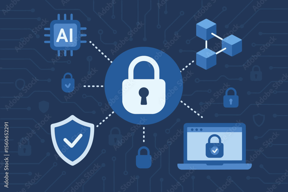 Poster cybersecurity network data protection technology interface. ai security, blockchain, digital padlock