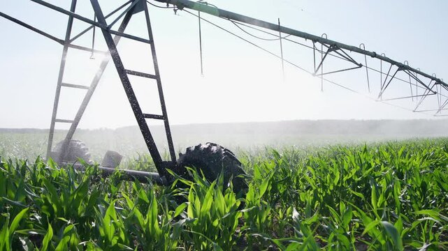 Agricultural pivot irrigation system on a corn field	