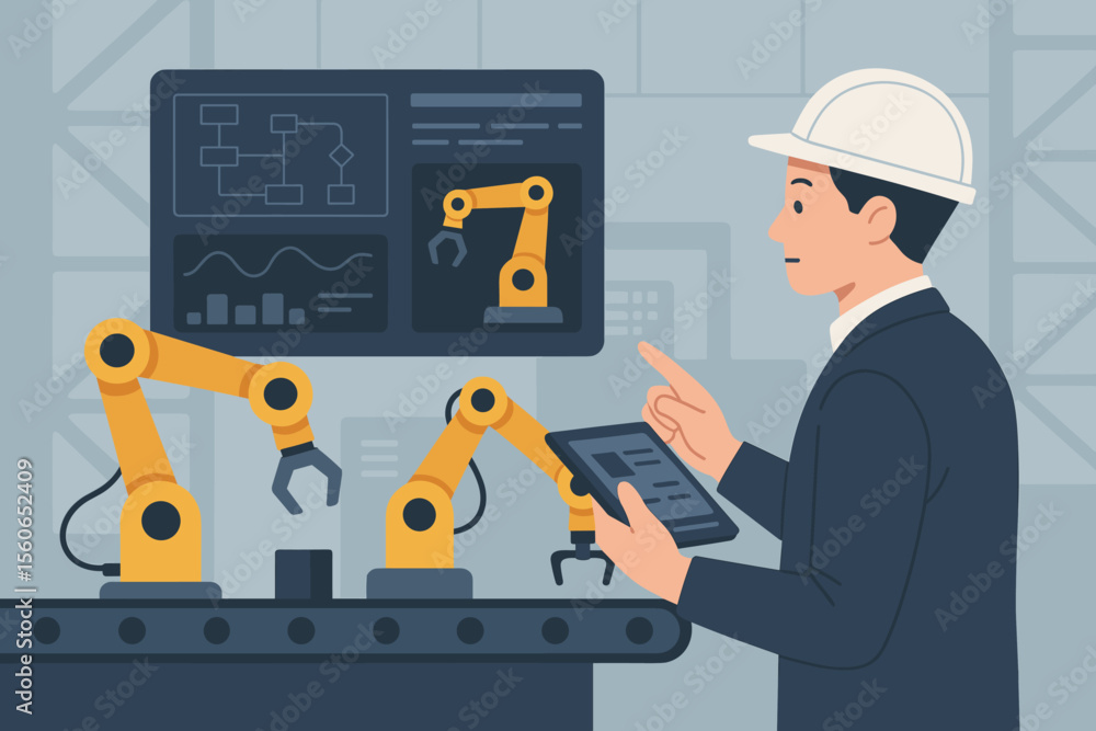 Poster engineer manager controlling and monitoring automated robotic arms in intelligent industrial factory