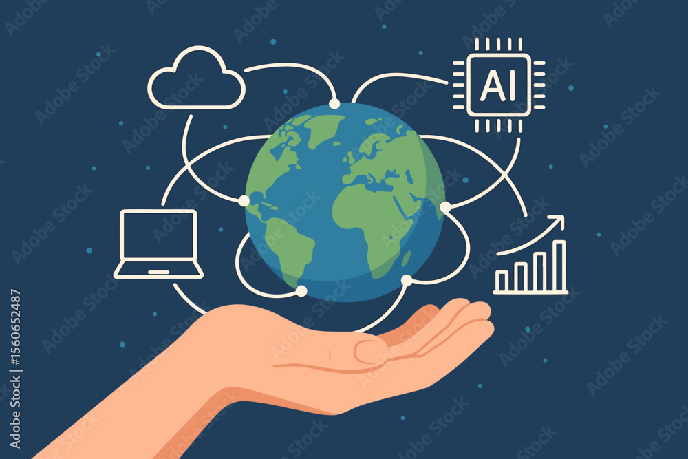 Poster hand holding globe with global network connections, cloud computing, artificial intelligence, digita