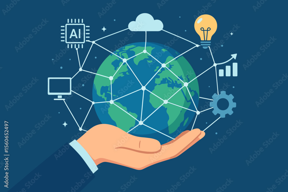 Poster hand holding globe with global network connections, digital technology, cloud computing, artificial 