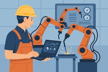 Engineer Monitoring and Controlling Automated Welding Robots with Laptop in Smart Factory, Industrial Robotics Arms, Automation Technology, Manufacturing Process, Data Analysis Dashboard Vector