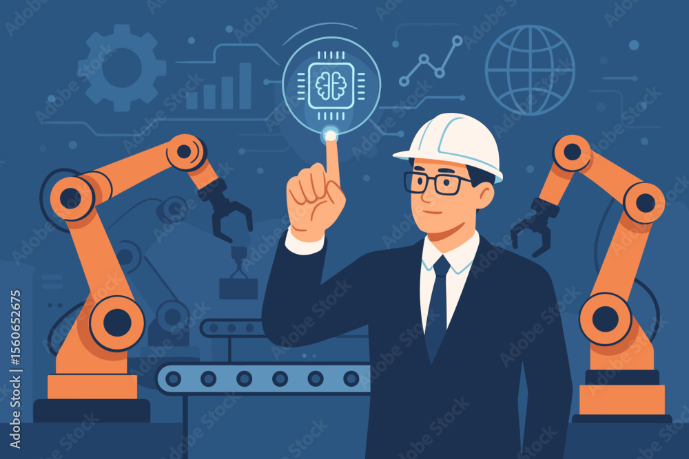 Poster artificial intelligence automation in industrial manufacturing. engineer controls robotic arms on sm