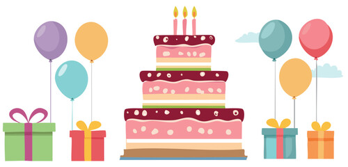 Birthday Celebration Scene with Cake, Gifts, and Balloons