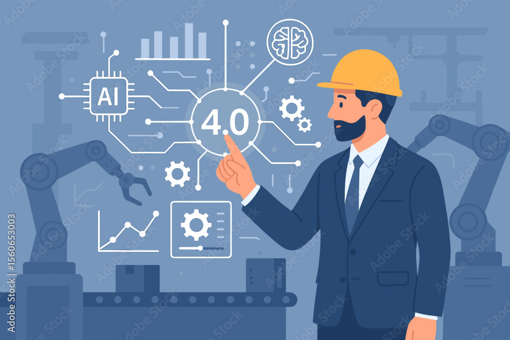 Poster manager engineer touching industry 4.0 network interface, controlling automation robot arms with ai 