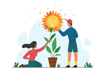 Growth process of light bulb plant. Tiny woman and man grow and care bright lamp in flowerpot, brainstorm teamwork on creative idea development flat vector illustration. Progress, inspiration concept