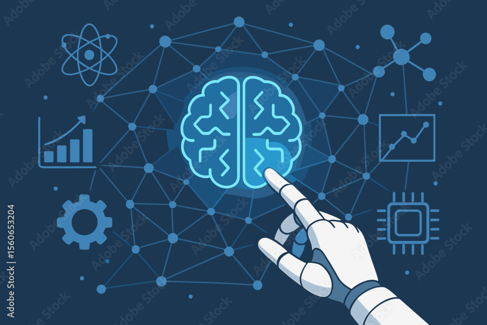 Poster artificial intelligence technology concept, robotic hand touching digital brain, machine learning, d