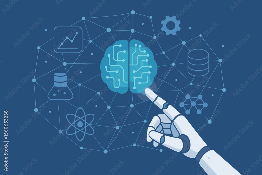 Poster artificial intelligence technology concept, robotic hand touching digital brain, machine learning, d