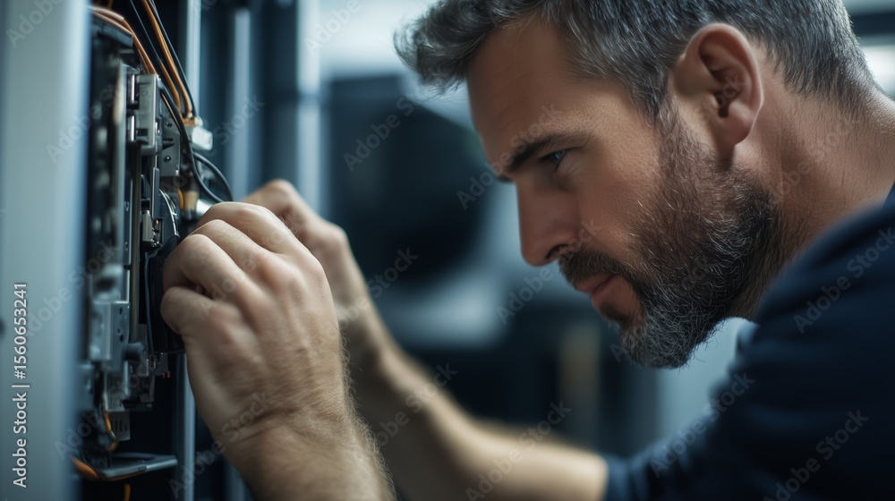 Poster technician works on electrical panel in indoor setting during daytime to ensure proper functionality