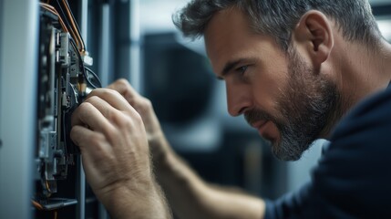 Technician works on electrical panel in indoor setting during daytime to ensure proper functionality and safety