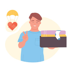 Smiling boy holding a charity donation box. Humanitarian and generous act of giving help to poor people flat vector illustration