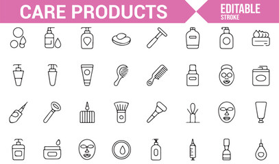Icons representing various care products including skincare, beauty, and hygiene items.