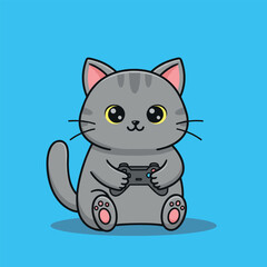 Adorable gray cat playing video games with a controller