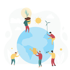 Global environmental ecology and volunteer community support. Group of people taking care of planet flat vector illustration
