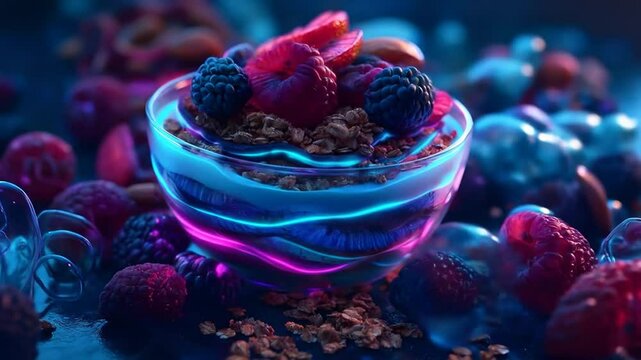 Vibrant, glowing parfait bowl filled with granola, berries, and fruit,  illuminated by vibrant neon lights.  Layers of granola, yogurt/cream, and fresh fruit  artfully layered in a clear glass bowl
