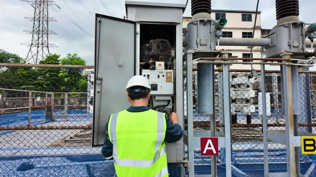 Substation inspection by engineer checking circuit breaker equipment outdoors wearing safety helmet and vest for electrical maintenance ensuring system reliability and safety compliance