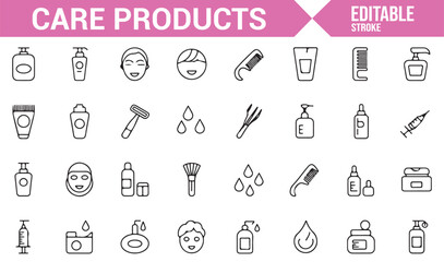 A collection of care products icons, including symbols for skincare, cosmetics, and hygiene products such as lotions, creams, and cleaning sprays.