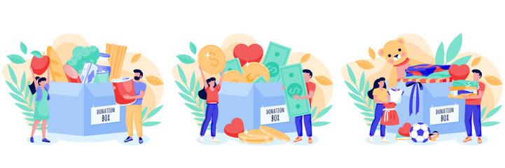 Vector illustration of people donating toys, food, and money. Charity, volunteering, and community support concept