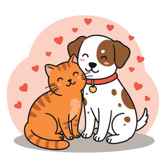 Cartoon cat and dog snuggling together with hearts, friendly pet relationship