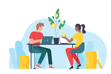Freelance and online business. People freelancers sitting at laptops, growing money plant in pot to get financial capital, dividends, passive income flat vector illustration. Finance, revenue concept