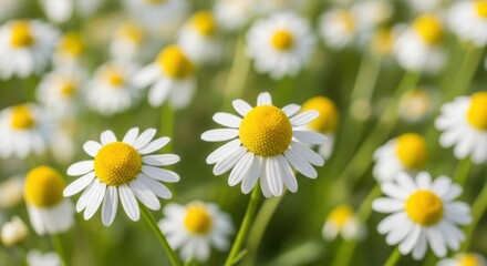 Fototapeta premium Field of Chamomile Flowers Blooming Under the Warm Summer Sun