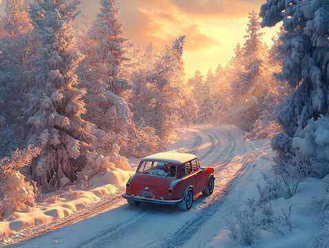 Fototapeta Vintage Car on Snowy Road at Sunset
