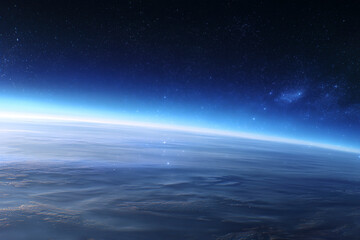 Fototapeta premium Celestial panorama unveiling Earth's curvature against the vast expanse of the starry cosmos. Tranquility at its finest.